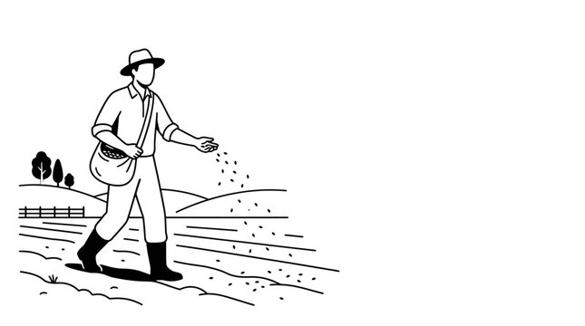 A line art illustration of a farmer sowing seeds in a field.