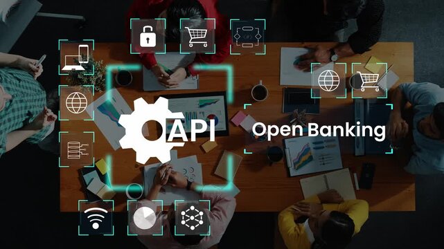 Collaborative Team Discussion on Open Banking Solutions with API Concepts and Digital Innovation Icons Overlaid on a Wooden Table Background Gluon.