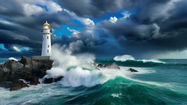 Majestic White Lighthouse on Rocky Coast Amidst Crashing Waves and Stormy Sky