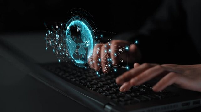 Global AI-powered digital network ecosystem connecting data, finance, analytics, ecommerce, communication, and automation across continents through technology and cloud Marrow