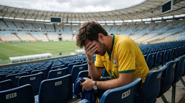 Brazilian soccer fan sitting alone in empty stadium