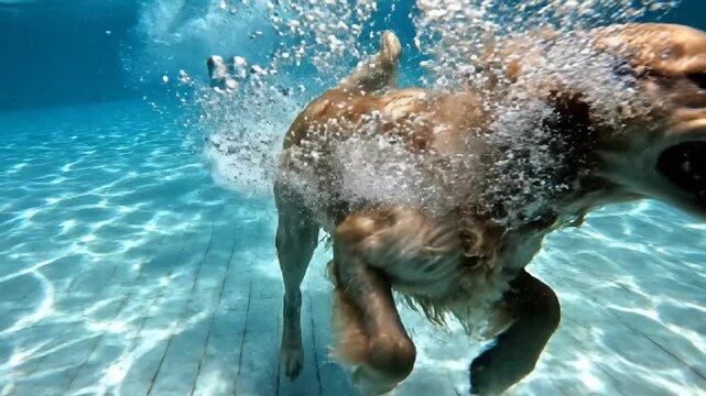 Happy Golden Retriever dog swimming underwater in blue pool.