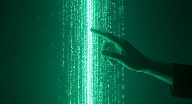 Touching the future a hand connects with an illuminated stream of digital information