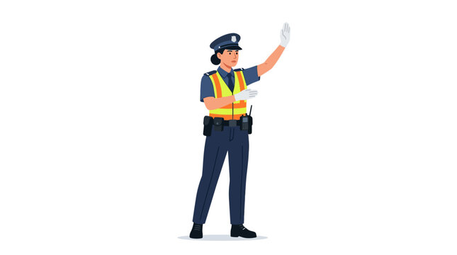 A female police officer in uniform directing traffic with hand signals.