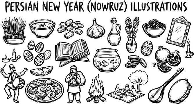 Persian New Year Nowruz illustrations, traditional symbols, line art