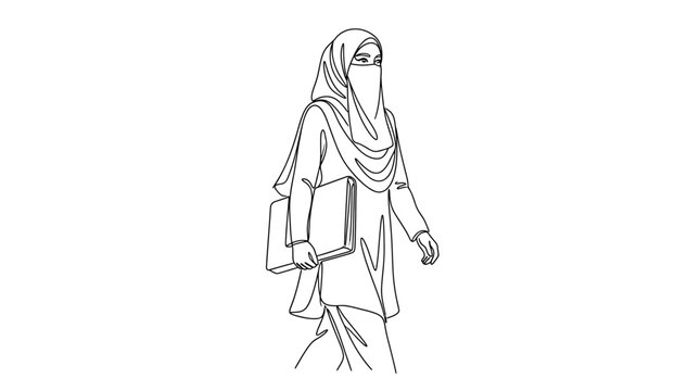 Line art illustration of a young Muslim woman wearing a niqab and hijab carrying books while walking.