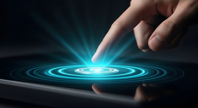 Innovative Future Hand Touching Luminous Digital Interface with Glowing Energy