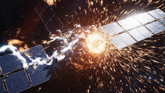 Satellite exploding in orbit with electrical energy sparks.