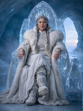 Ice queen sitting on frozen throne in winter palace