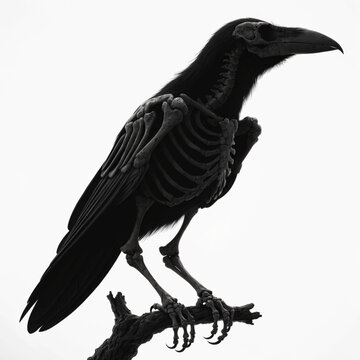 Gothic raven skeleton silhouette on branch, dark crow anatomy with visible bones, macabre bird art for Halloween and horror concepts