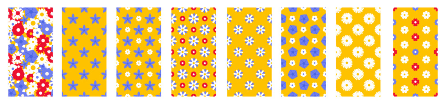 Set of colorful seamless patterns featuring floral designs and geometric shapes on a bright yellow background