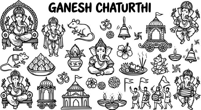 Ganesha Chaturthi Line Art: Hindu God, Rat, Temple, Flowers, Offerings, Bell, Festival