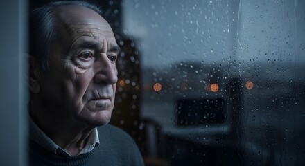 Fototapeta premium Elderly man gazes through a rain-streaked window, reflecting on life's solitude