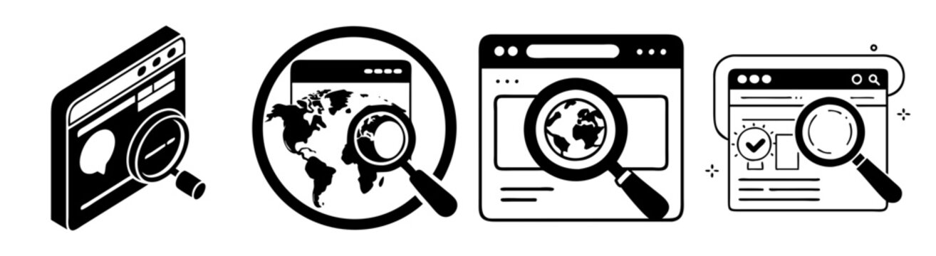 Search and Discovery Icons Set with Magnifying Glass and World Map in Flat Line Art Style