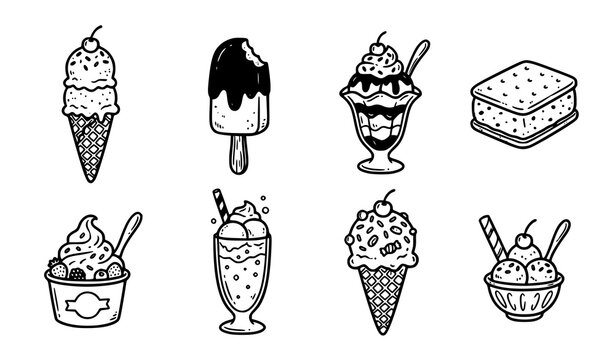 Sweet ice cream and sundae line art set, hand drawn outline sketches of cold summer desserts and milkshakes.