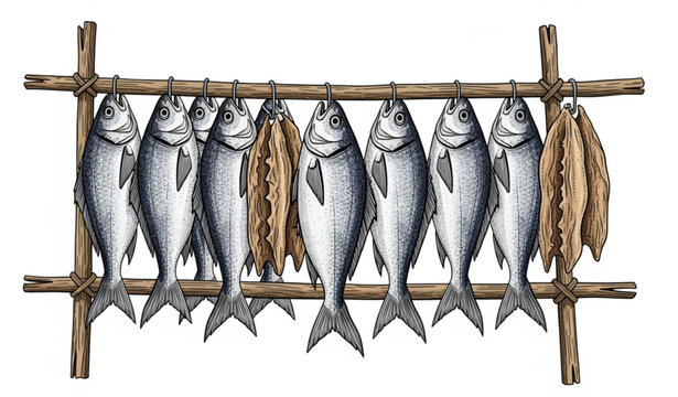 Traditional Silver Fish Drying on Wooden Rack Vector Illustration in Hand Drawn Style