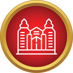 Obraz premium Stylized white line art castle icon inside a red circle with gold border