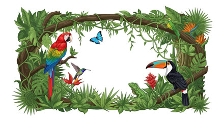 Fototapeta premium Vibrant tropical jungle frame with exotic animals and lush green foliage