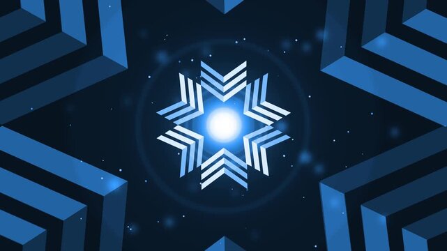 Geometric star with layered 3d chevrons surrounding a glowing central light on dark background animation