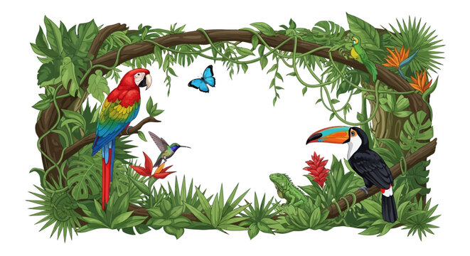 Vibrant tropical jungle frame with exotic animals and lush green foliage