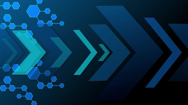 Abstract chevron arrows pointing right with hexagonal network pattern on dark gradient background animation