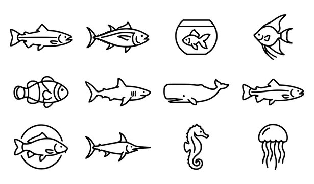 Sea life and fish line icon set, outline symbols of shark, whale, seahorse, jellyfish, and aquarium fish.