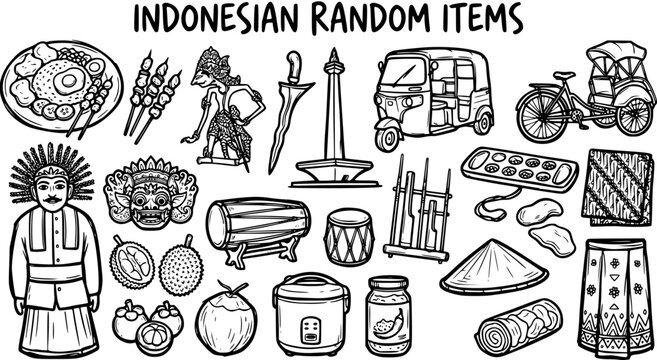 Indonesian Culture, Food, Travel  Tradition Line Art Icons Set. Black and White Outline Doodle of Traditional Objects, Landmarks, and Dishes from Indonesia.