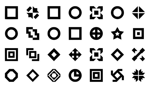 Geometric abstract shapes and symbols icon set, black outline grid pattern of modern minimalist icons.
