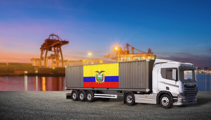 Ecuadorian Logistics: A modern truck carrying a shipping container adorned with the Ecuadorian flag stands ready for transport at a busy port, symbolizing international trade and logistics. © bao