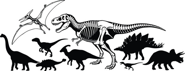 Dinosaur Skeleton and Prehistoric Animal Silhouette Collection with T Rex Pterosaur and Herbivore Species Set © SreeRupali