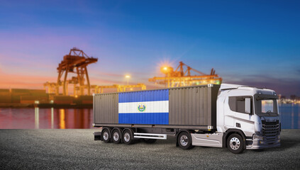 El Salvador Container Truck at Port: A modern semi-trailer truck with a container bearing the flag of El Salvador stands ready at a bustling port, symbolizing international trade and logistics. © bao