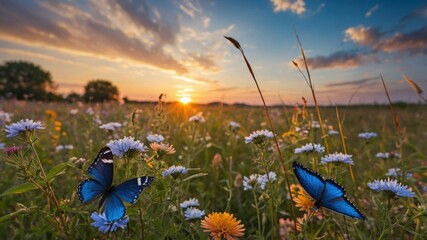Beautiful sunset over a vibrant wildflower field with blue butterflies fluttering among blossoms