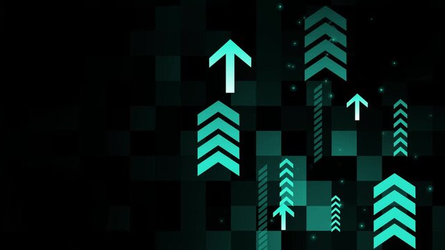 Abstract arrows pointing upward on dark geometric pixel background animation