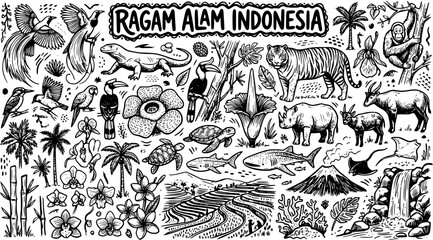 Hand-drawn Black and White Line Art Doodle of Indonesian Nature and Wildlife. Biodiversity illustration featuring flora, fauna, and landscapes. © jolly