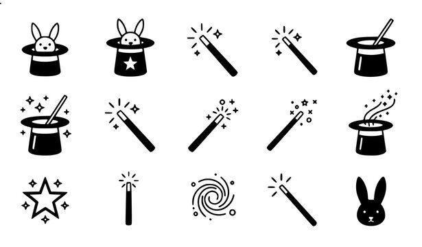 Magic show and illusionist line icon set, thin outline symbols of magician hat, magic wand, playing cards, and rabbit.