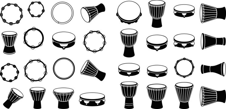 Assortment of black percussion instrument outlines on a white background Keywords: percussion, drums, tambourine, djembe, bongo, conga