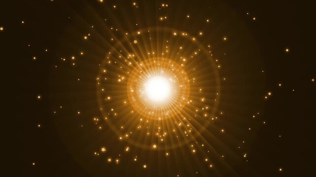 Bright central light burst with radial lens flare and scattered particles on dark background animation
