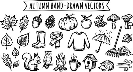 Autumn Hand-Drawn Black and White Line Art Vector Set. Fall Season Doodles and Nature Elements Collection for Seasonal Designs. © jolly