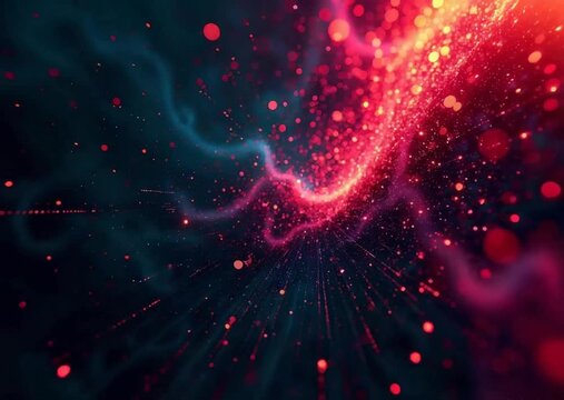 Abstract glowing particles stream through dark space with red and blue hues