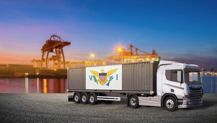 US Virgin Islands Flag Cargo Truck at Port: A modern semi-truck carrying a shipping container emblazoned with the US Virgin Islands flag stands ready for transport at a bustling port. © bao