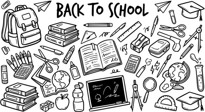 Back to School Doodle Art: Backpack, Books, Globe, Calculator, Scissors, Supplies