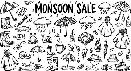 Monsoon Sale Doodles Set. Hand-drawn Black and White Line Art of Rain Gear, Umbrellas, Boots, and Weather Elements for Seasonal Retail Promotions  Design. © jolly