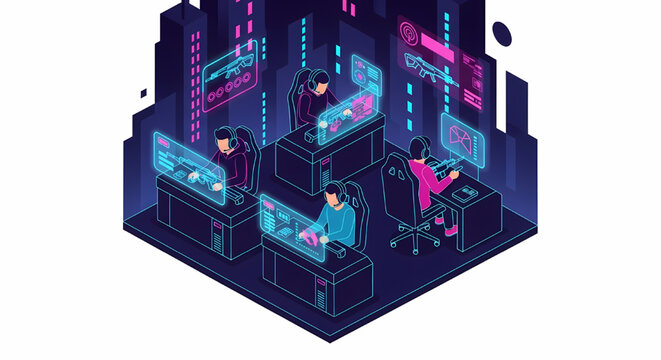 People playing video games in a neon gaming room