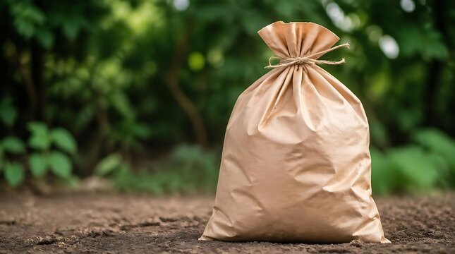 Close-up of a brown paper bag tied with a string on a wooden surface with a blurred green background.