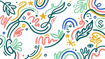 Fototapeta premium Vibrant abstract floral pattern with leaves stars and swirling lines