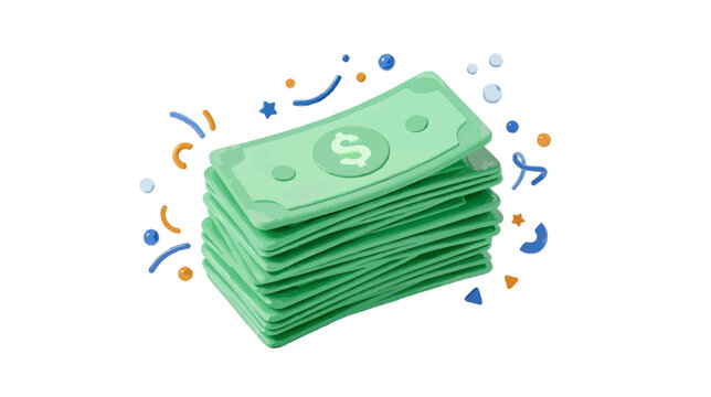 Vector illustration of stack of green dollar bills with confetti illustration on a transparent background