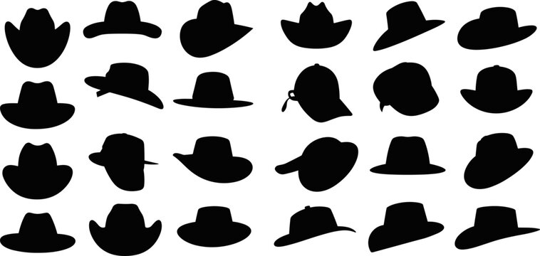 Collection of Black Hat Silhouettes on White Background fashion headwear