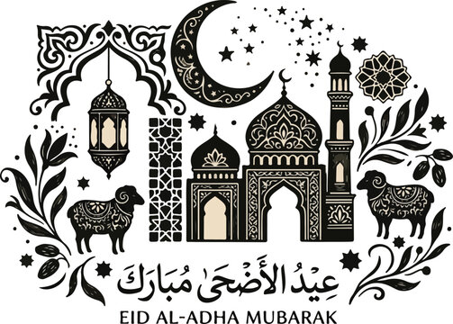 Eid Al Adha Mubarak Greeting Illustration with Mosque Lantern and Sheep Line Art