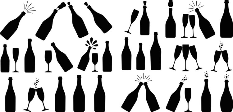 Collection of black silhouette champagne bottles and glasses for celebration and toast Keywords: champagne, bottle, glass, toast