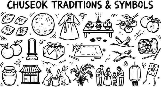 Korean Chuseok Harvest Festival Traditions  Symbols Doodle Line Art. Hand-drawn collection of moon, hanbok, food, family, and cultural objects.